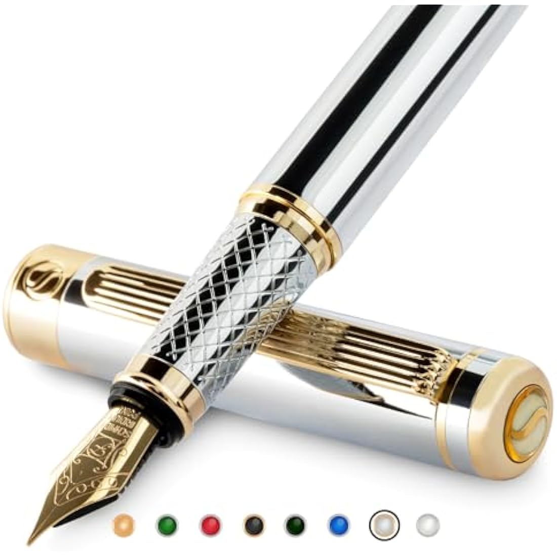 Scriveiner Silver Chrome Fountain Pen - Stunning Luxury Pen, Real Gold Plating, Schmidt Gilded Nib (Fine), Best Pen Gift Set for Men & Women Professional Executive Office Fancy Nice Designer Pen