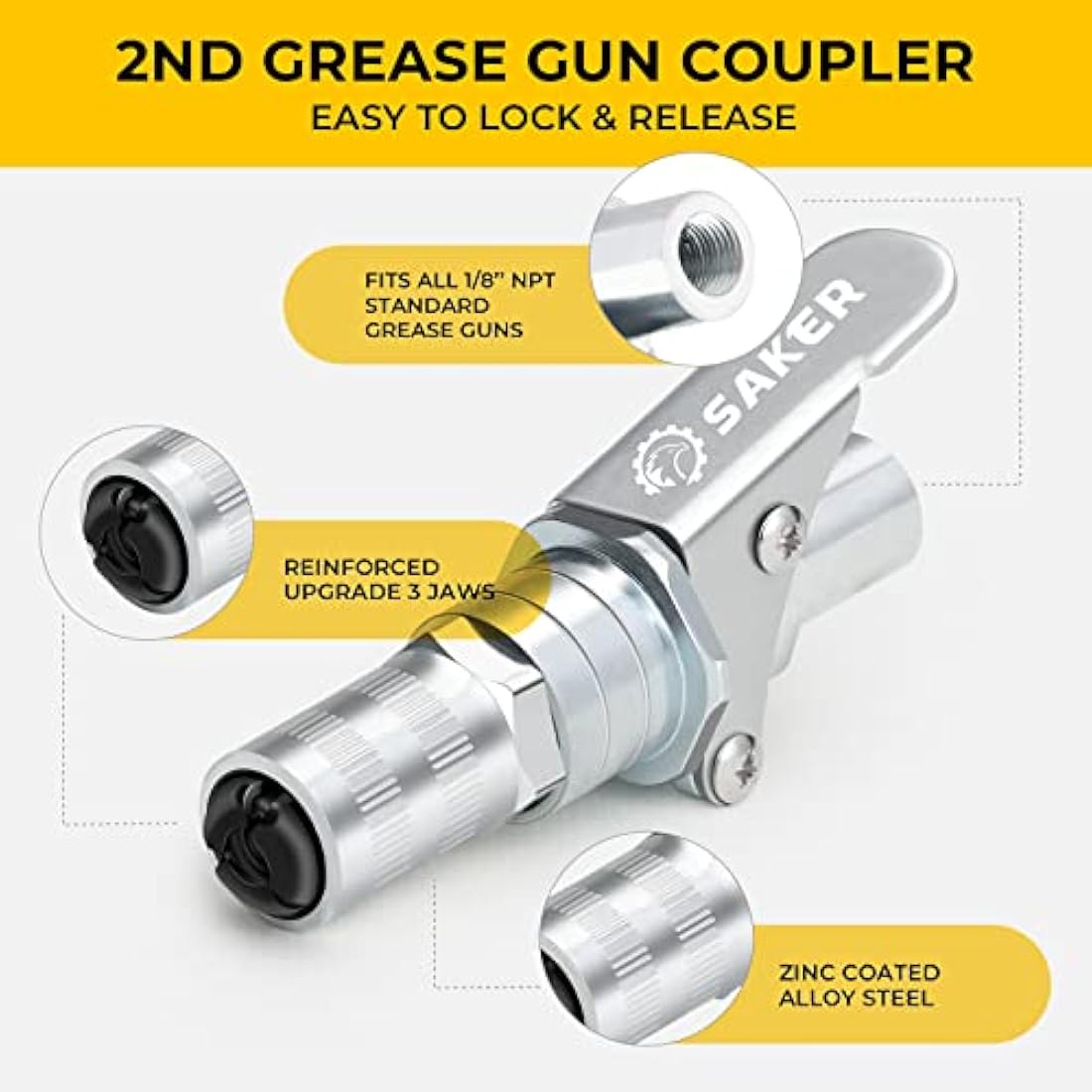 Saker Grease Gun Coupler-Upgrade to14000 PSI,Duty Quick Release Grease Couplers,Compatible with All Grease Guns 1/8" NPT Fittings (3 PCS)