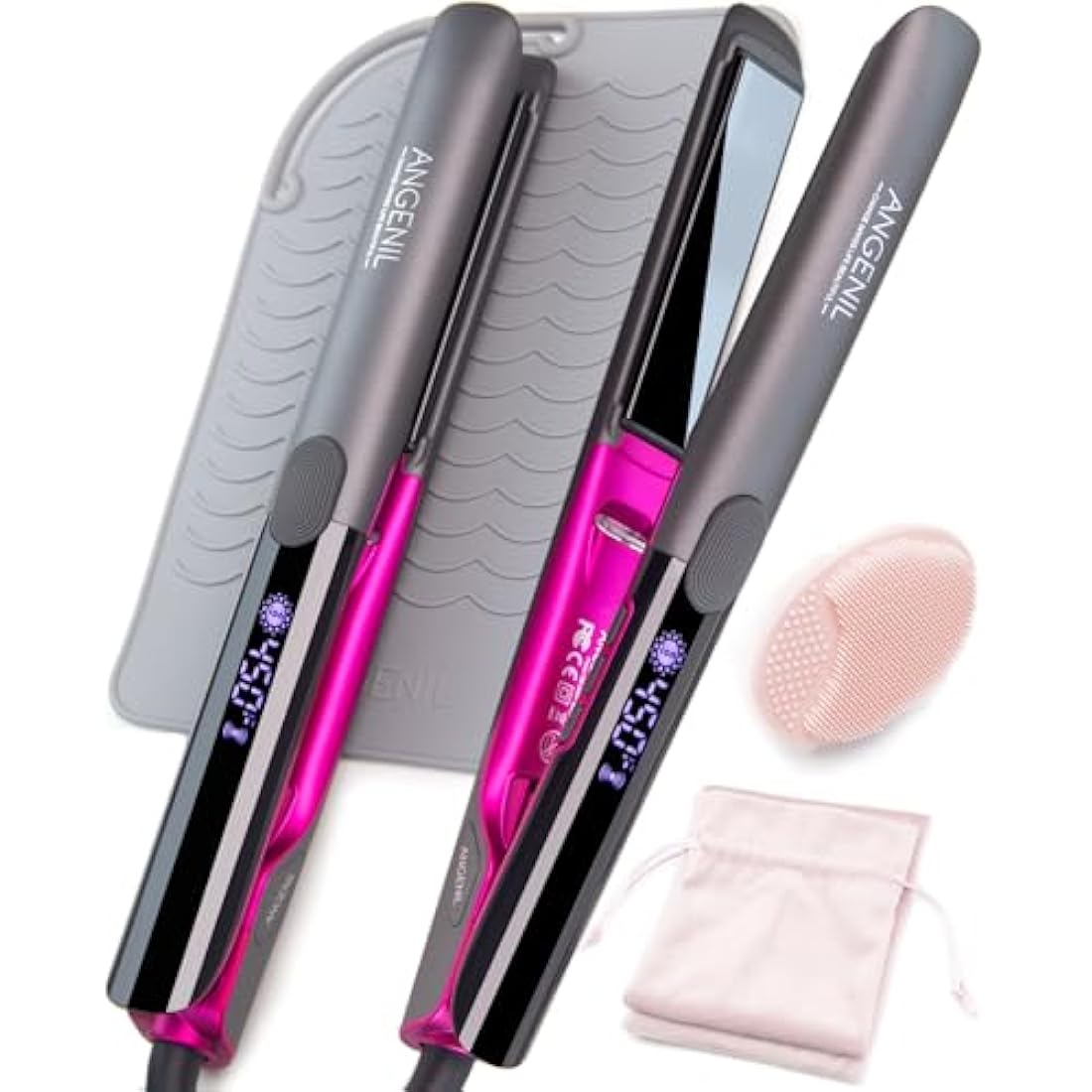 ANGENIL Titanium Hair Straighteners for Women, Heat Mat Hair Straightener, Dual Voltage Flat Iron Travel Straighteners and Curling Iron 2 in 1, 15s Fast Heating, Anti-scalding and Anti-Slip Design