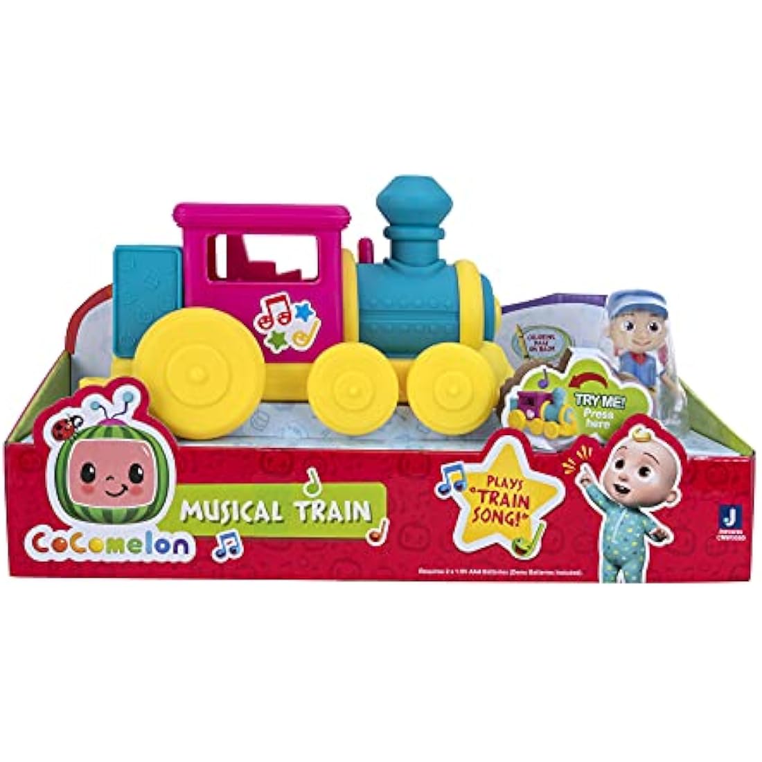 CoComelon Feature Vehicle, Train - Train Vehicle With Sounds - Exclusive Conductor JJ Figure - Fits 4 Figures - Free Wheeled - Play Songs - Toys for Kids, Toddlers, and Preschoolers