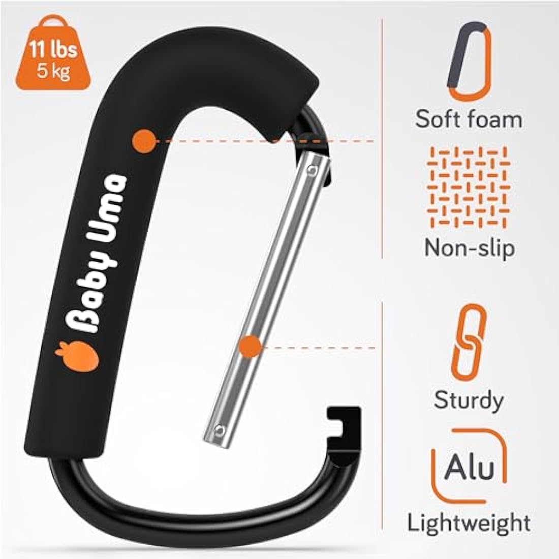 Baby Uma XL Pram Hooks (2 Pack) - Extra Large Carabiner Clip, Universal Stroller Clips, Carry 5 Kg per Buggy Clip, Baby Pram Accessories & Baby Travel Essentials, Baby Must Haves for Newborn