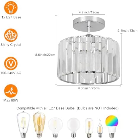 ZYDTRIP Crystal Ceiling Light Fixture Semi Flush Mount Ceiling Lamp Modern Silver Crystal Chandelier for Living Room Hallway Dining Room Kitchen