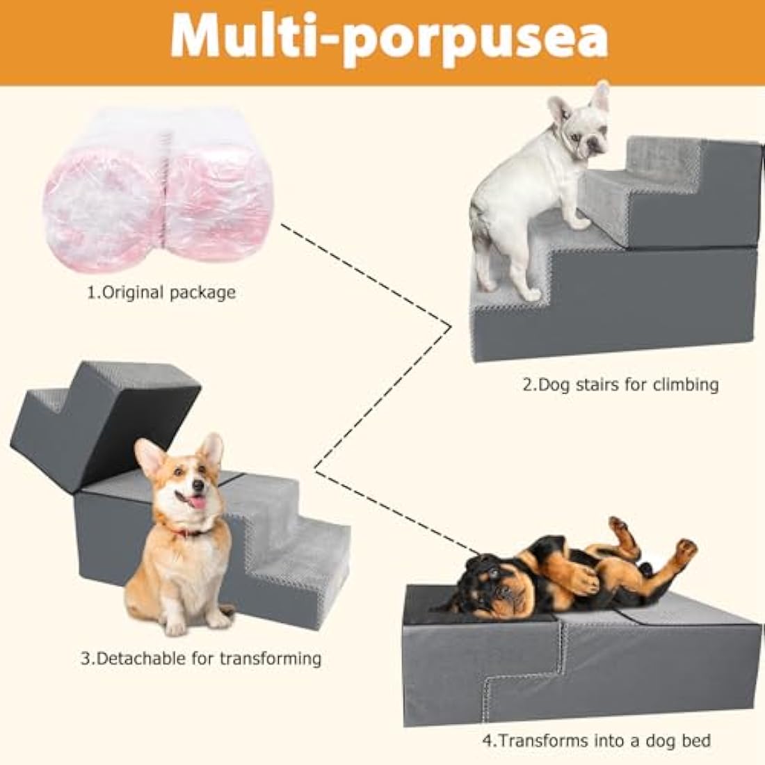 Nepfaivy Dog Steps Stairs for Bed - Non-Slip Pet Stairs for Small Dogs and Cats, 4-Steps Dog Ramp for Sofa with High Density Foam and Removable Cover, 61x40x45cm
