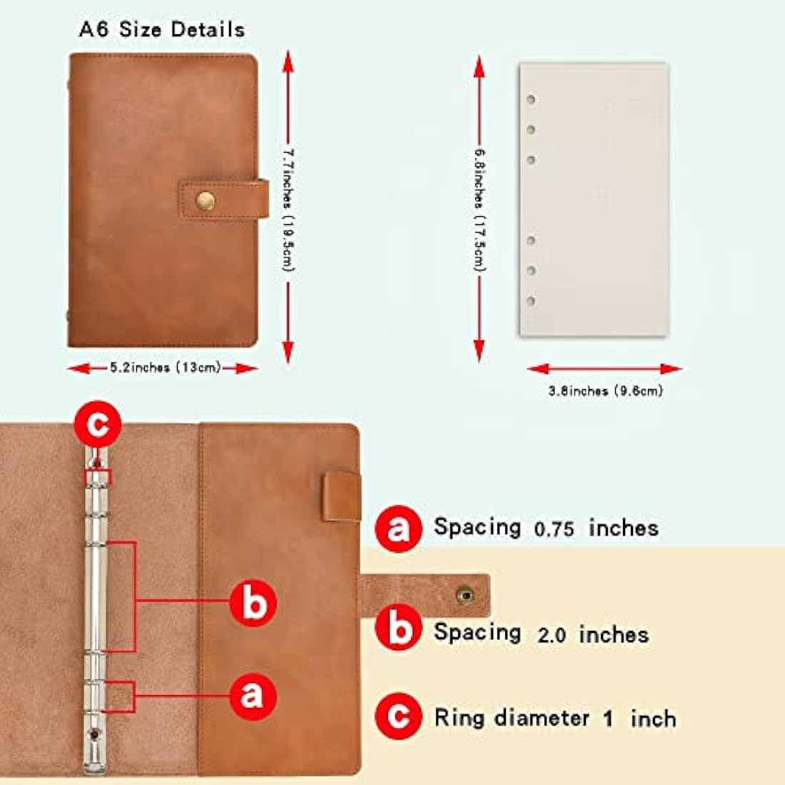 WONDERPOOL A6 Leather Diary Refillable Notebook Spiral Journal Binder Portfolio - Dot Grid Paper & Inner Pockets Organizer for Man and Woman (Brown, A6)