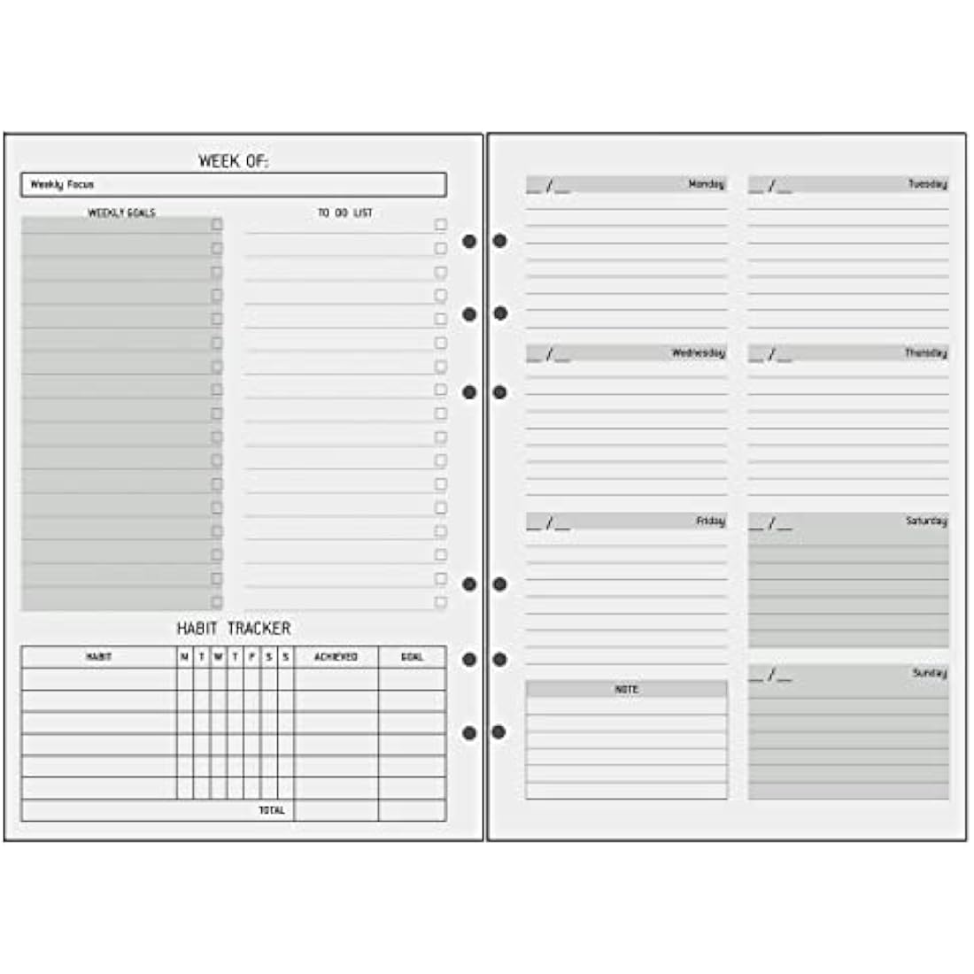 Undated A5 Diary Week to View Refill - 1 Week on 2 Pages, Section with To Do List, Goals & Habit Tracker, Extra Notes, Contact Pages, Weekly Planner Insert for A5 Binder, Thicker Paper 100 gsm, UK