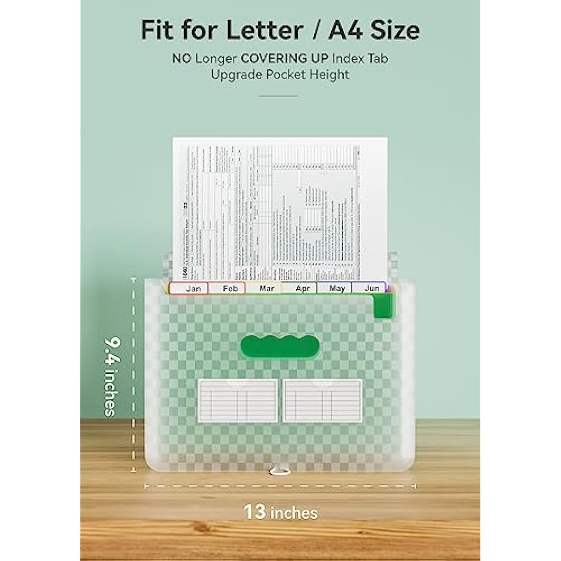 ABC life A4 Expanding File Organiser with Grid Pattern,13 Pockets Expandable Filling Boxes Documents Organiser,Accordion A4 Desk Folders,Portable Rainbow Files Wallets Plastic Bills Storage Bag(Green)