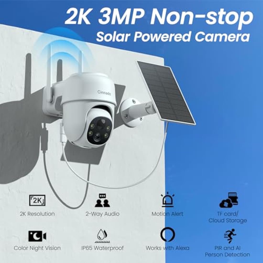 Cinnado Solar Security Camera Outdoor Wireless 2K CCTV Camera Systems House Security, Solar Battery Powered, PIR Detection, 360° Color Night Vision, Siren