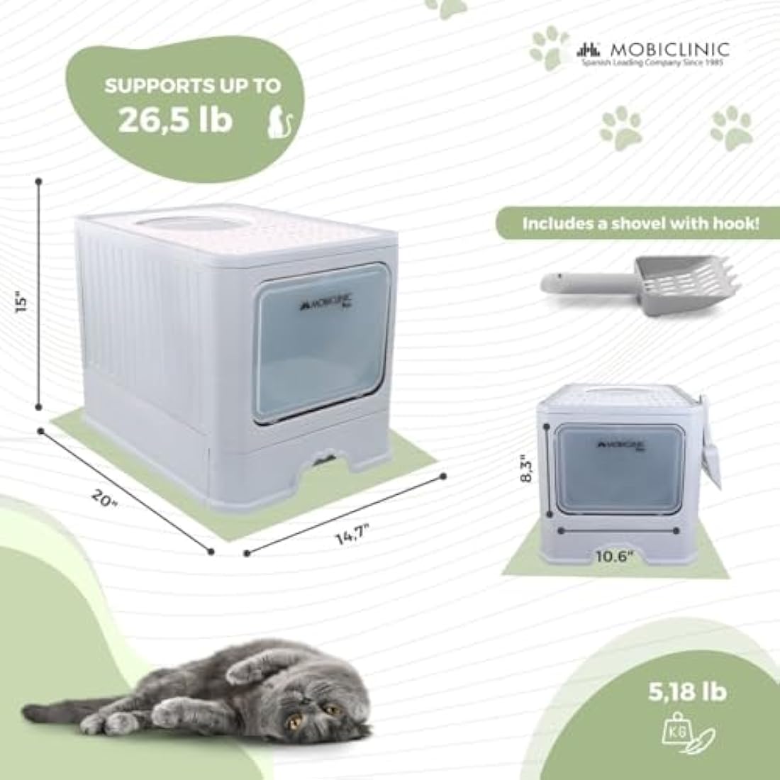 Mobiclinic® Pets, Covered Cat Litter Box, Removable Drawer, Includes Scoop, CatBox, Dual Front and Top Entry with Lid, Top Grid, Elegant Aesthetic, Detachable Structure