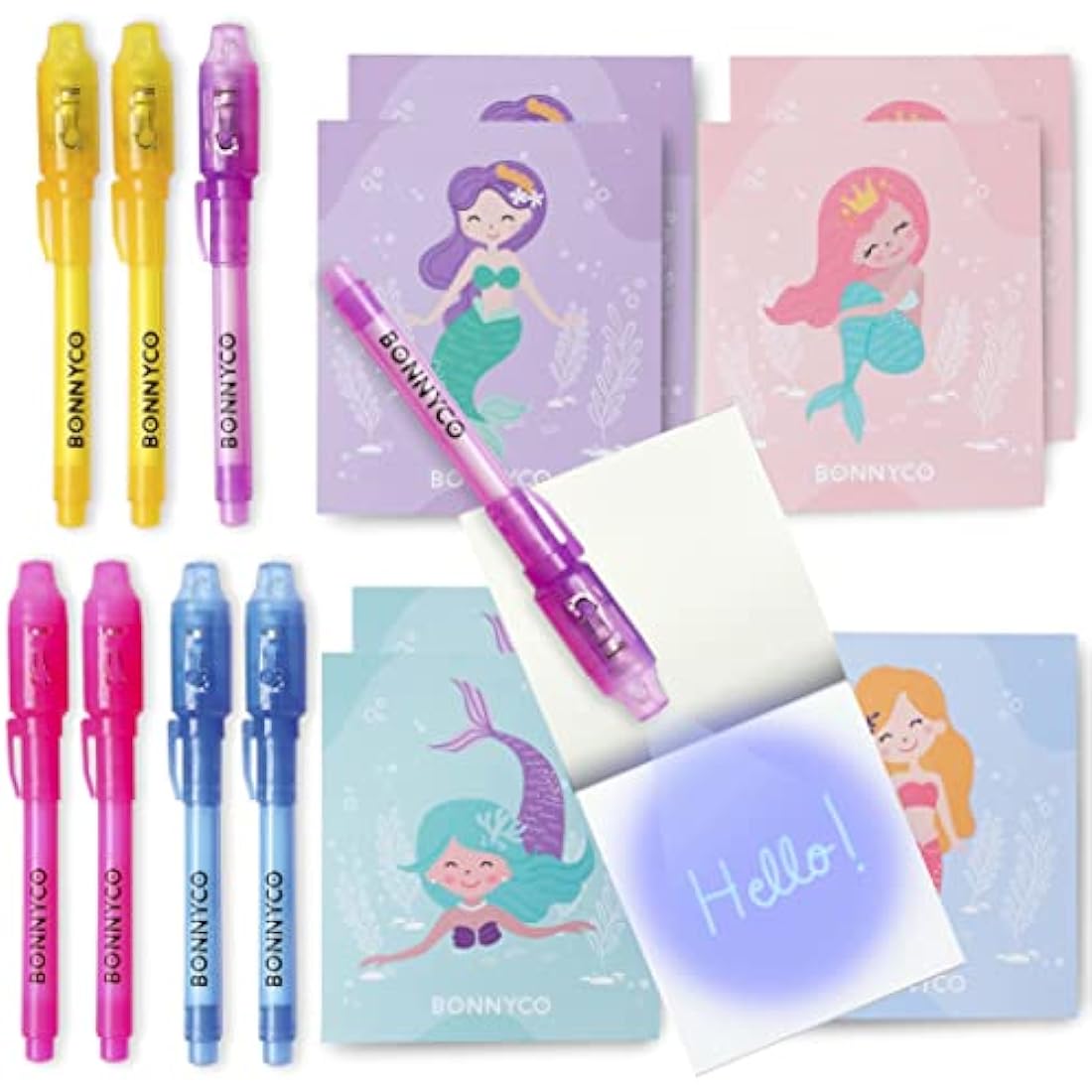 BONNYCO Invisible Ink Pen and Notebook, Pack 8 Mermaid Party Bags Filler & Pinata Toys | Mermaid Birthday Decorations | Stocking Fillers for Kids Birthday | School Prizes & Gifts for Children