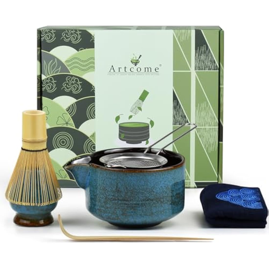 Artcome 7 Pcs Complete Matcha Tea Ceremony Kit - Bowl, Whisk, Scoop, Strainer, Powder, Set for Usucha, Koicha, Matcha Latte (Sapphire)