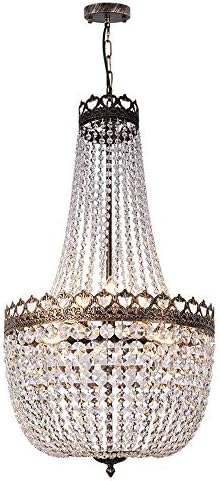 Wellmet Crystal Chandelier Lights, 9-Light French Empire Foyer Chandelier Pendant, Hanging Ceiling Lighting Fixture for Hallway Dining Living Room Bedroom Kitchen, 30" H x 19.69" W, Antique Bronze