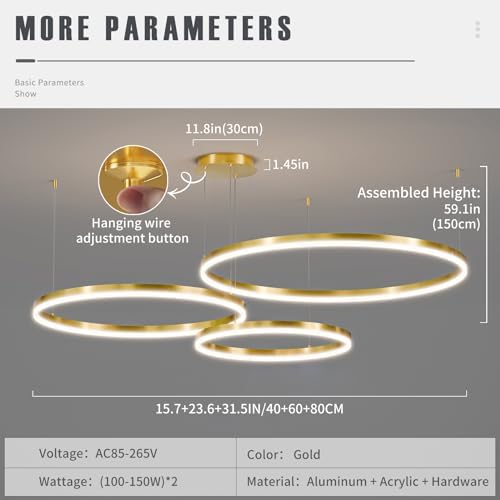 Mikeru 40+60+80cm Minimalist Pendant Lights, Dimmable 10% to 100% Gold Height Adjustable Pendant Lights with Memory Function 3000K/4500K/6500K LED Pendant Lights for Kitchen Island