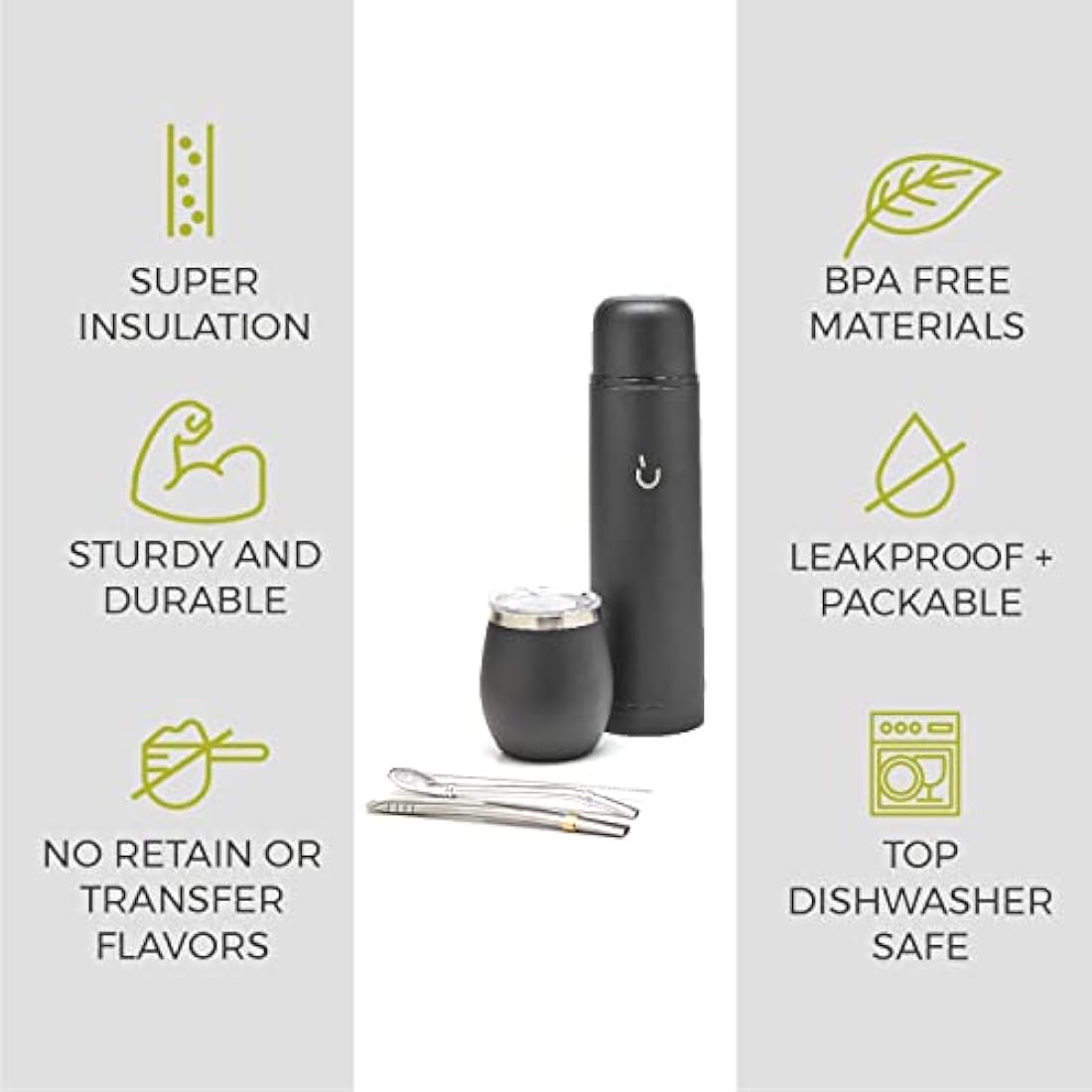 balibetov Complete Yerba Mate Set - Modern Mate Gourd, Vacuum Flask, Bombilla and Cleaning Brush Included - All Premium Quality 304 18/8 Stainless Steel (Black)