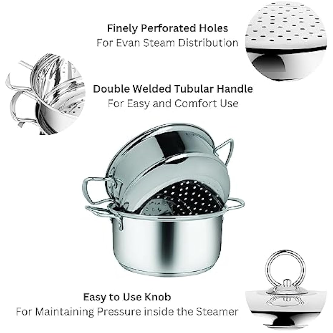 Penguin Home 3 Tier Stainless Steel Food Steamer Pan Set, Induction Safe Stainless Steel Lid with Knob, Sturdy Steel Handles, Kitchen Pan Steamer Set for Cooking, (20 Cm) Silver