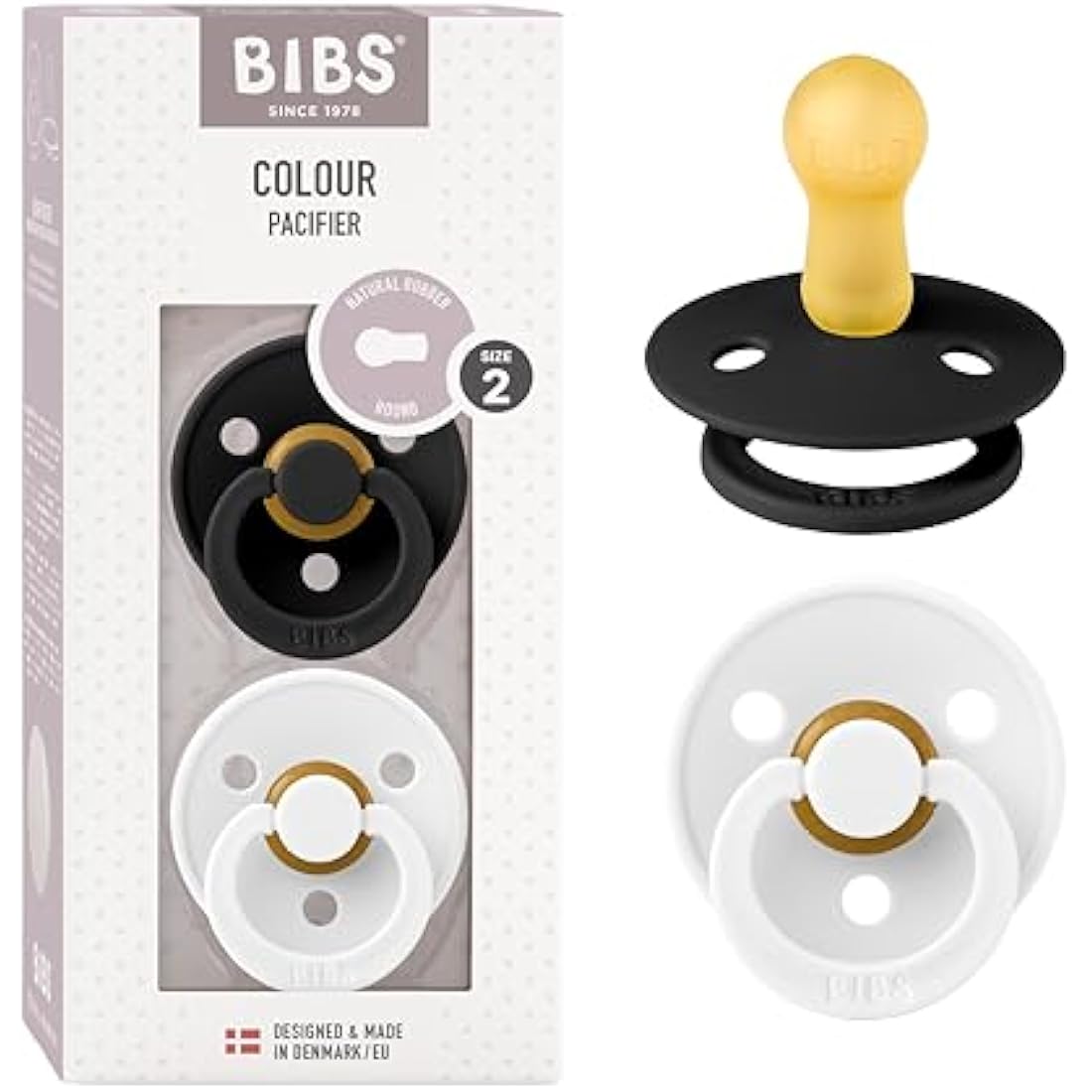 BIBS Colour Soother 2-Pack, BPA Free Dummy Pacifier, Round Nipple. Natural Rubber Latex, Size 2 (6-18 Months), Black/White