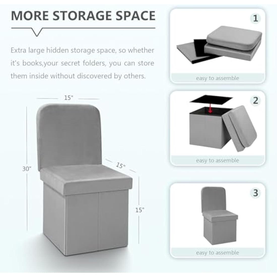 Bonlife Grey Folding Ottoman Storage Box with Seat Back Bedroom Chair Sturdy with Removable Lid 38x38x72cm