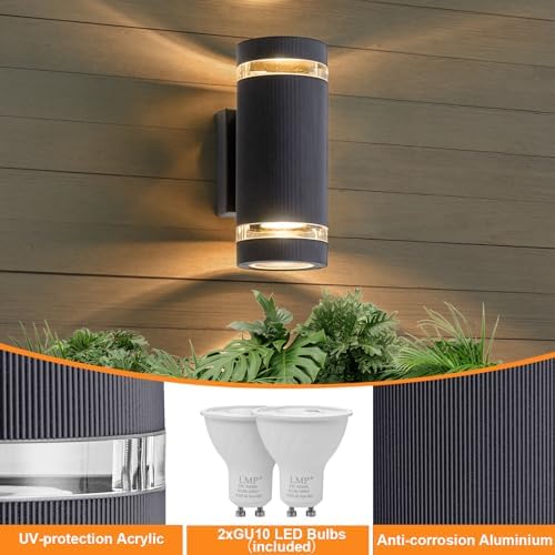 LMP Outdoor Wall Lights Mains Powered, Up Down Outside Lights Anthracite, IP65 External LED Front Door Lamp Porch Light Electric, Exterior GU10 Round Lighting Sconce Wall Mounted for House