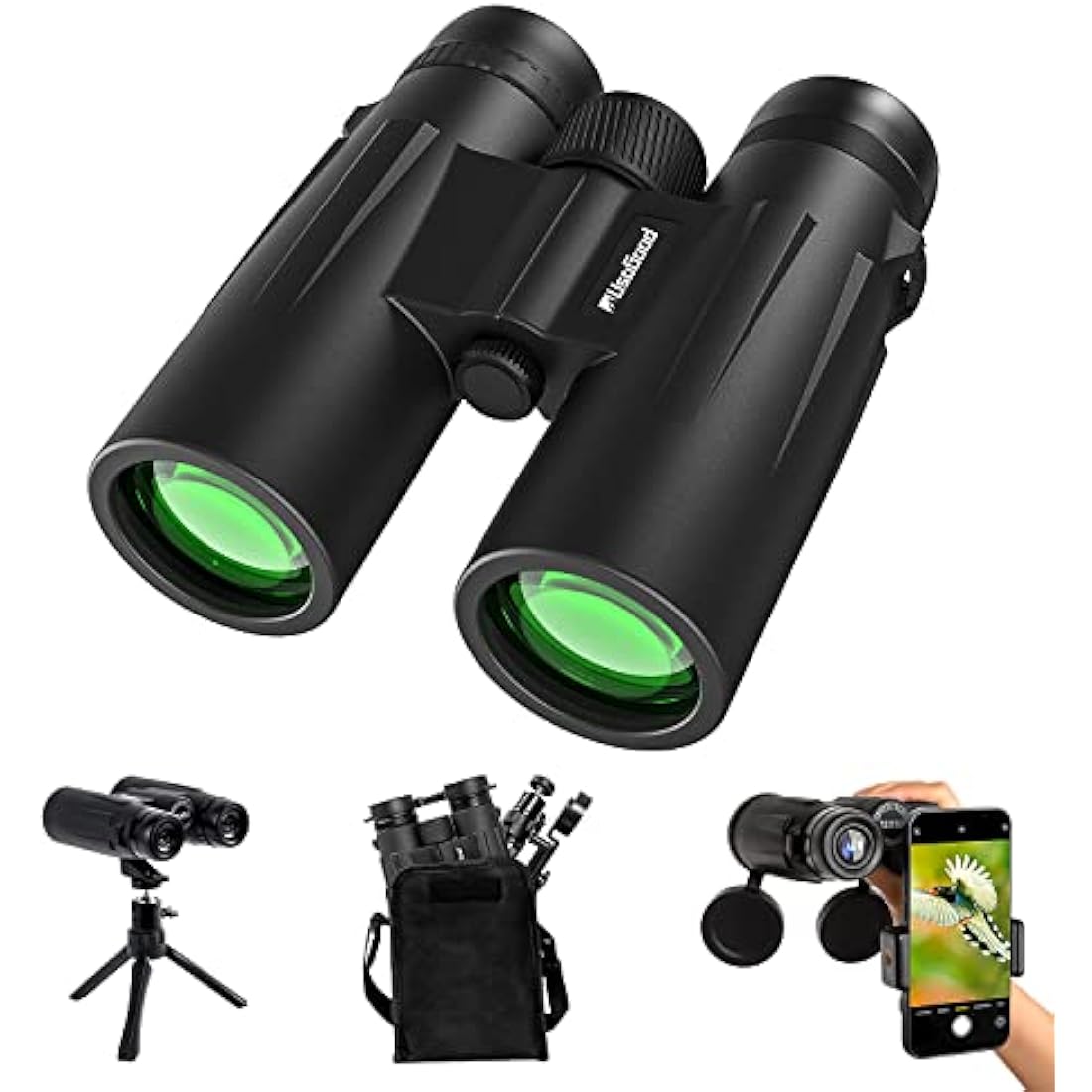 Binoculars for Adults Bird Watching usogood 12x50 High Power Binoculars for Stargazing, Traveling, Hunting and Hiking with Tripod Phone Adaptor for Photography - BaK-4 Prisms, FMC Lens Black
