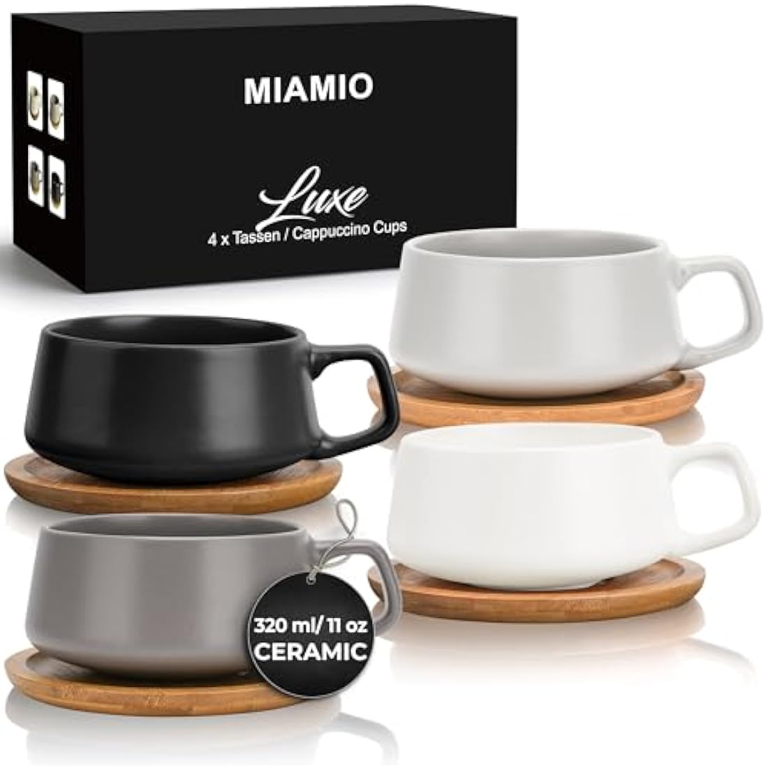 MIAMIO – 320 ml, Set of 4 Ceramic Tea Cup and Saucer Bamboo/Tea Mug - Wide Cappuccino Cup, Coffee Cups Ceramic Mug for Cappuccino, Latte, Espresso & Americano - Luxe Collection (Classic Pastel)
