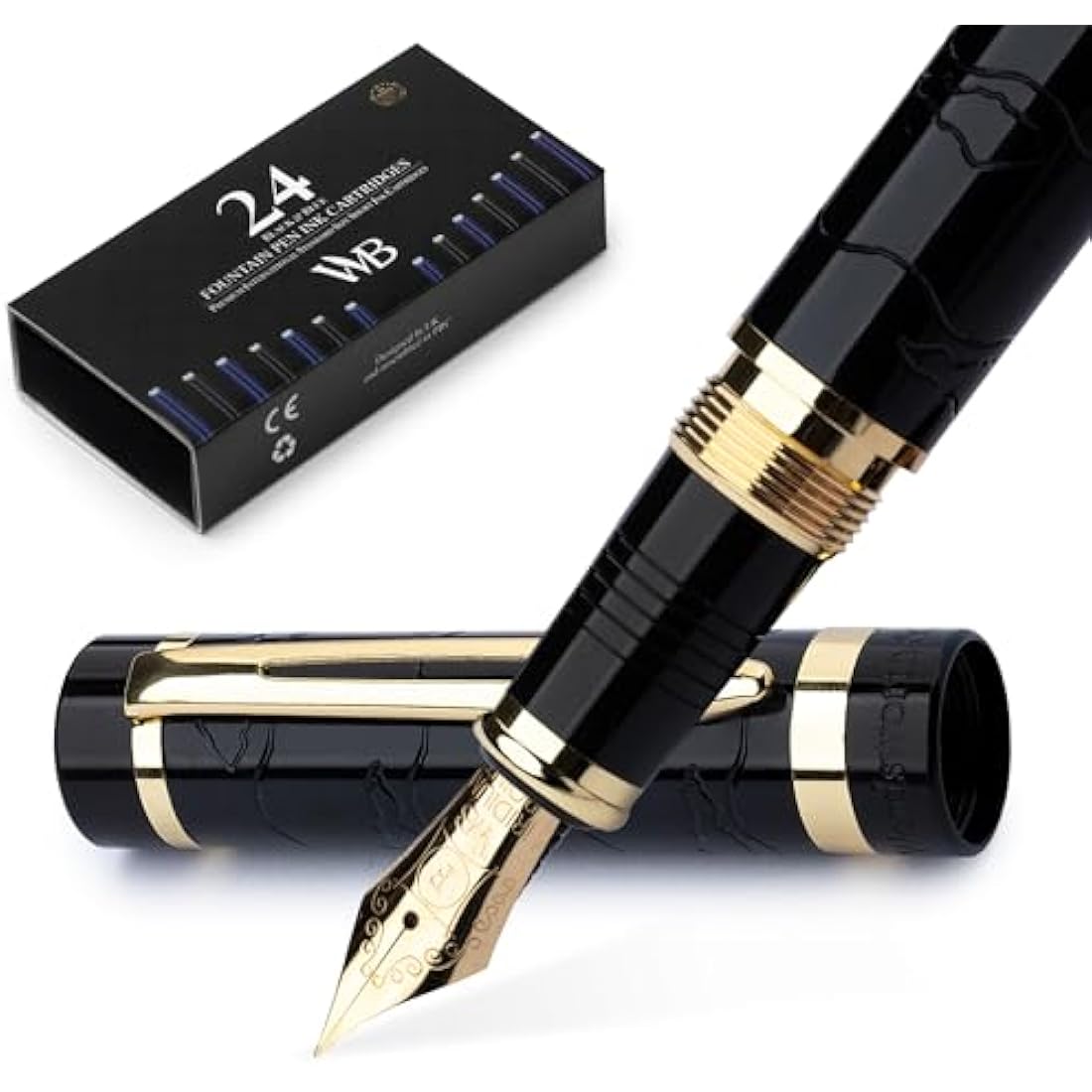 Wordsworth & Black Primori Fountain Pen Set [Black Gold]; Fine Nib, Gift Case, 24 Ink Cartridges, Refill Converter, Manual; Journaling, Calligraphy, Smooth Writing Pens; Left and Right Handed