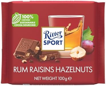 Ritter Sport Rum Raisins and Hazelnuts Chocolate Bar, 100g, Case of 12, Chocolate Sharing Bar