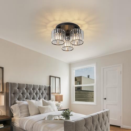 ZYDTRIP Crystal Chandeliers Ceiling Lights, 3-Lights Crystal Ceiling Lighting Living Room, Modern Black Semi Flush Mount Light Fittings for Bedroom, Hallway, Bathroom, Foyer, Kitchen Light Fixture