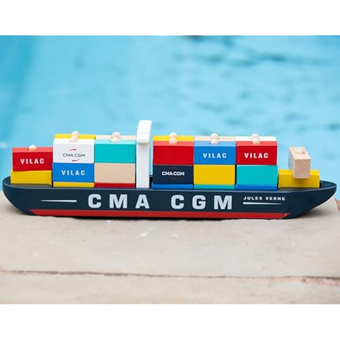 Vilac Wooden Jules Verne Container Ship, Traditional Stacking Container Ship, Imaginative Play, 40 x 10 x 6.5 cm, for 3 Years+
