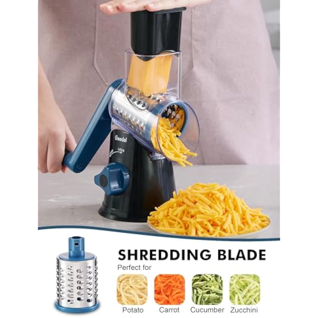 Geedel Rotary Cheese Grater, Vegetable Slicer with 3 Drum Blades, Grater for Kitchen Faster and Easy Cutting, Rotary Drum Grater Ideal for Cheese, Cucumber, Carrot, Potato etc