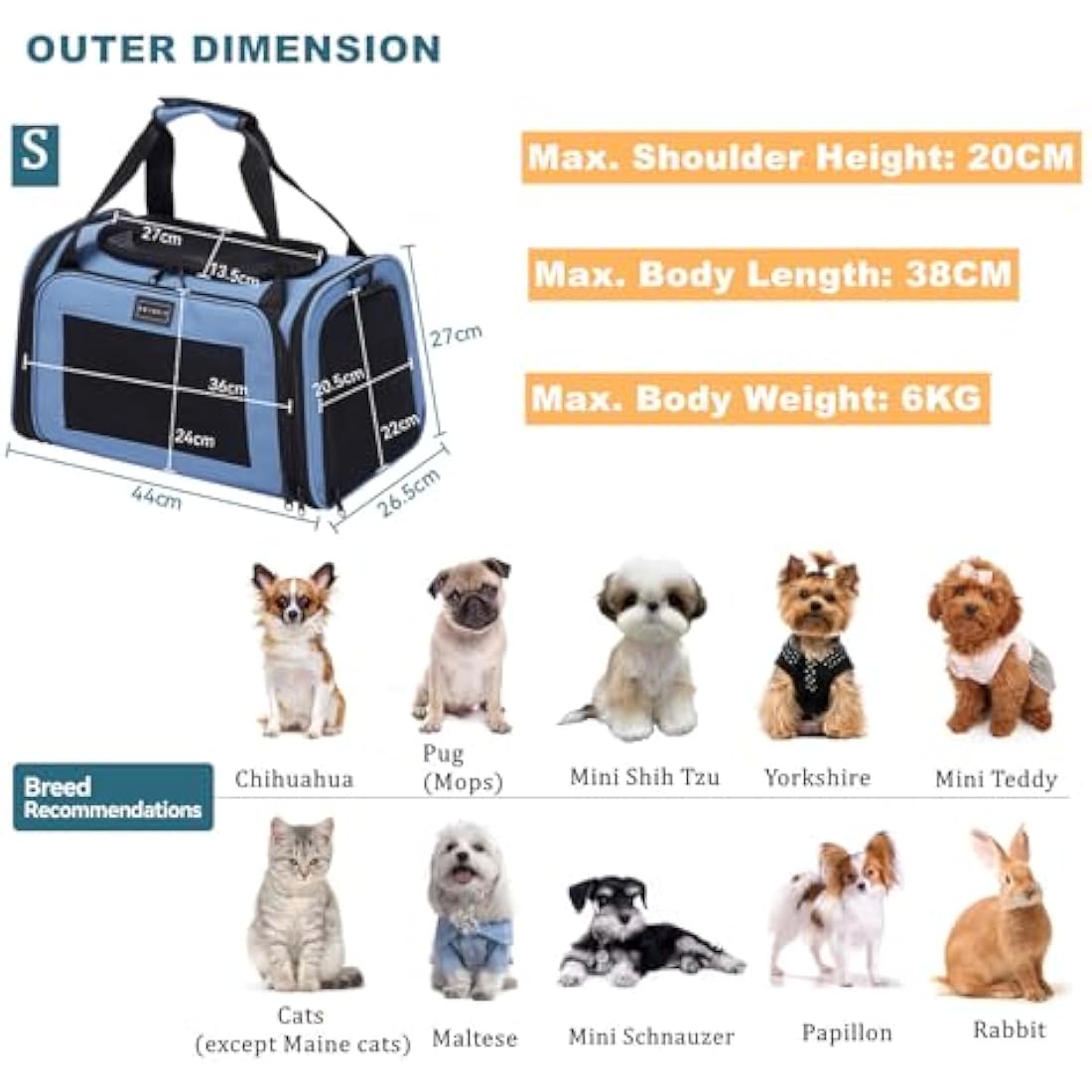 PETSFIT Cat Carrier Large with Extendable Fleece Pet Mat, Soft Cat Carrier Airline Approved with Safety Leash for Pets Up to 12 Lbs (44 * 26.5 * 27CM, Blue)