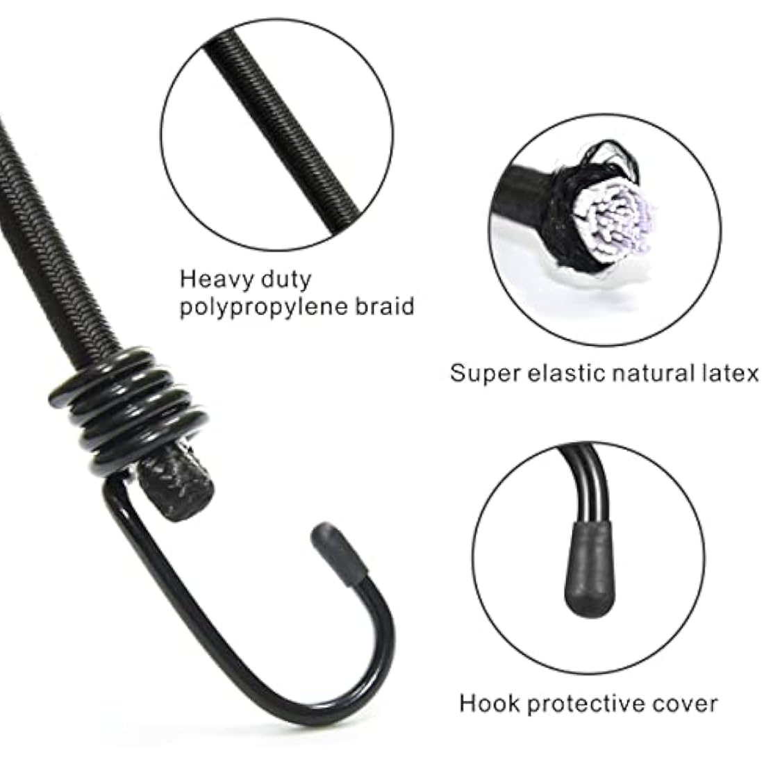 BEXSLE Bungee Cords With Hooks 2m long, Heavy Duty Outdoor Elastic Bungee Straps, No odour Industrial Grade bungee rope For Securing Tarps, Luggage, Tents, Bikes or garden tidying 80inch 4Pcs (Black)