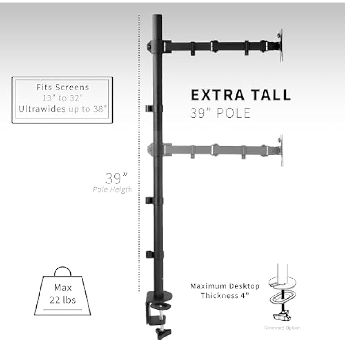 VIVO Extra Tall Single Monitor Desk Mount Stand 39 inch Pole. Features Full Adjustability - Tilt and Articulation, Holds 13 to 32 inch Screens up to 22 lbs with VESA Mounting, Black, STAND-V011