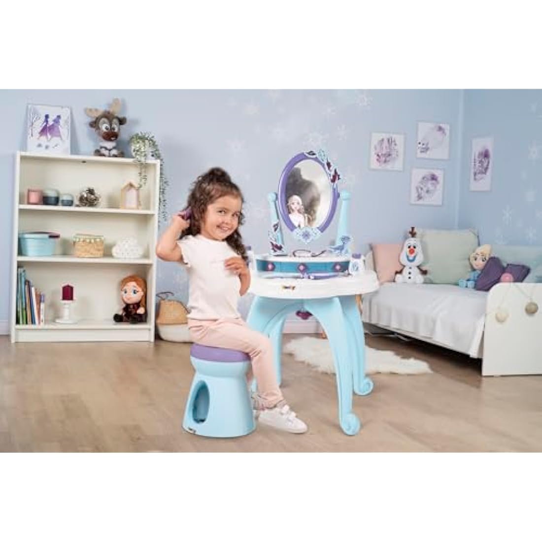 Smoby Disney, Frozen 2 in 1 Hairdressing Table, 10 accessories: 1 stool, 2 flasks, 1 necklace, 1 plastic headband, 3 rings, 1 bracelet, 1 hair clip, 1 comb, Purple, One Size (7600320244)