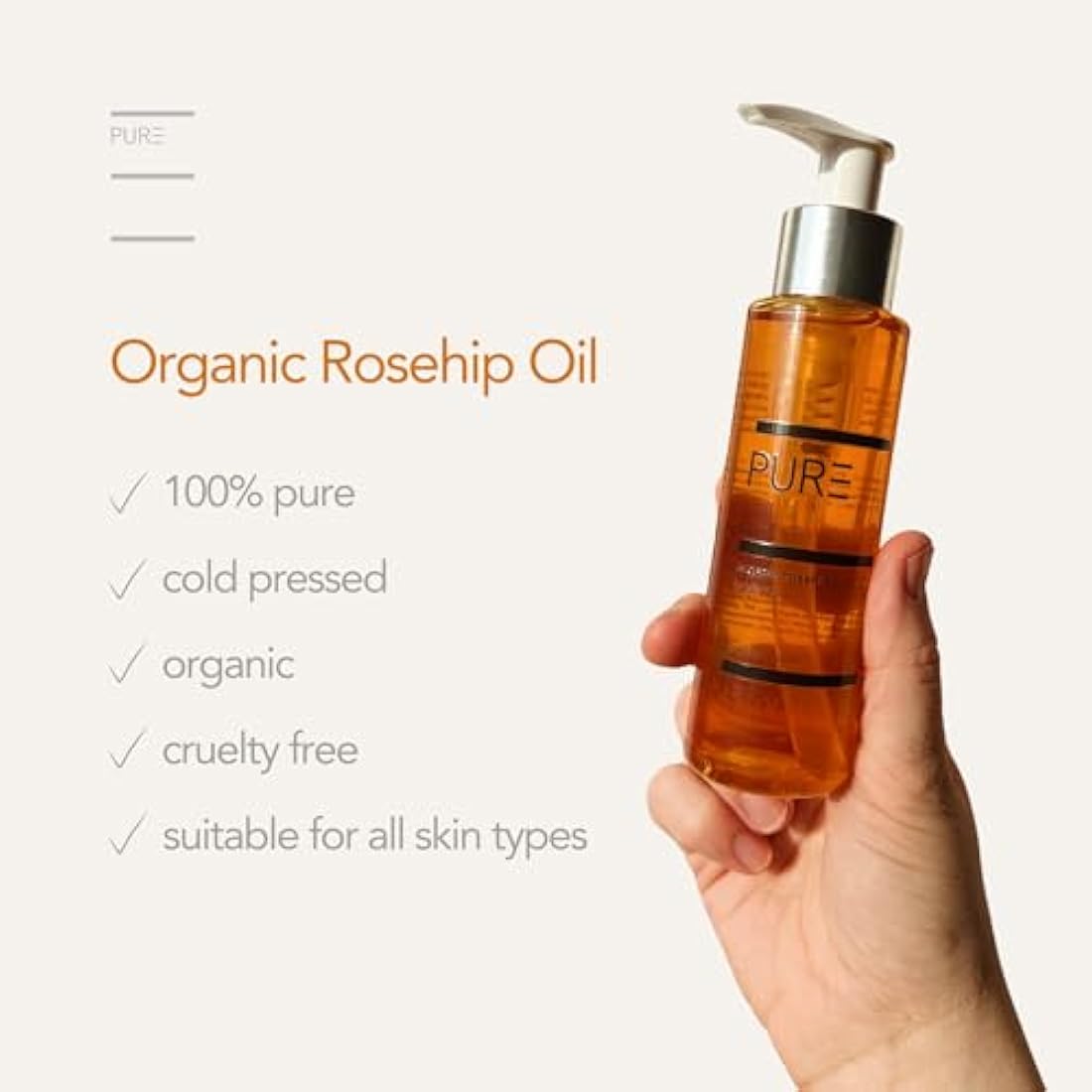 Organic Cold-Pressed Rosehip Face & Body Oil by PURE Spa Skincare - 100ml - 100% Pure, Natural & Vegan - Anti-Ageing, Smoothing, Nourishing, Rejuvenating - For All Skin Types and Fine Lines & Scars