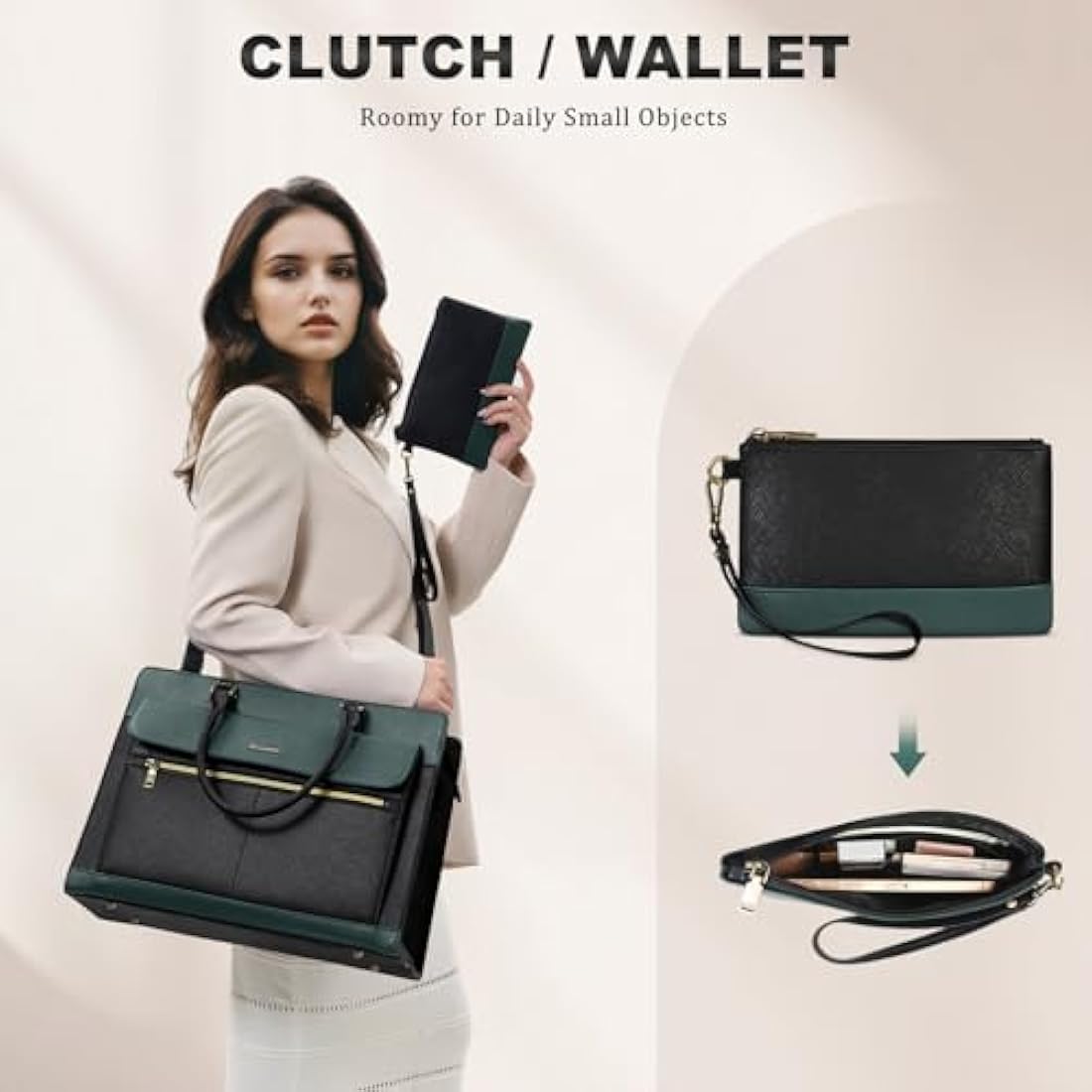 RAINSMORE Laptop Bags Handbags for Women 15.6 Inch PU Leather Large Tote Bag Work Bag with Clutch Bag Designer Women's Bags Ladies Laptop Handbag for School Green