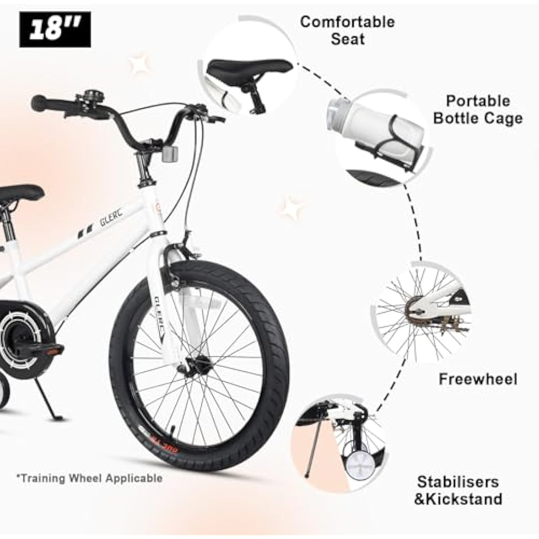 Glerc Fantacy 18 Inch Kids Bike for 2-14 Years Old Boys Girls with Water Bottle Holder & Stabilisers, Multiple Colors
