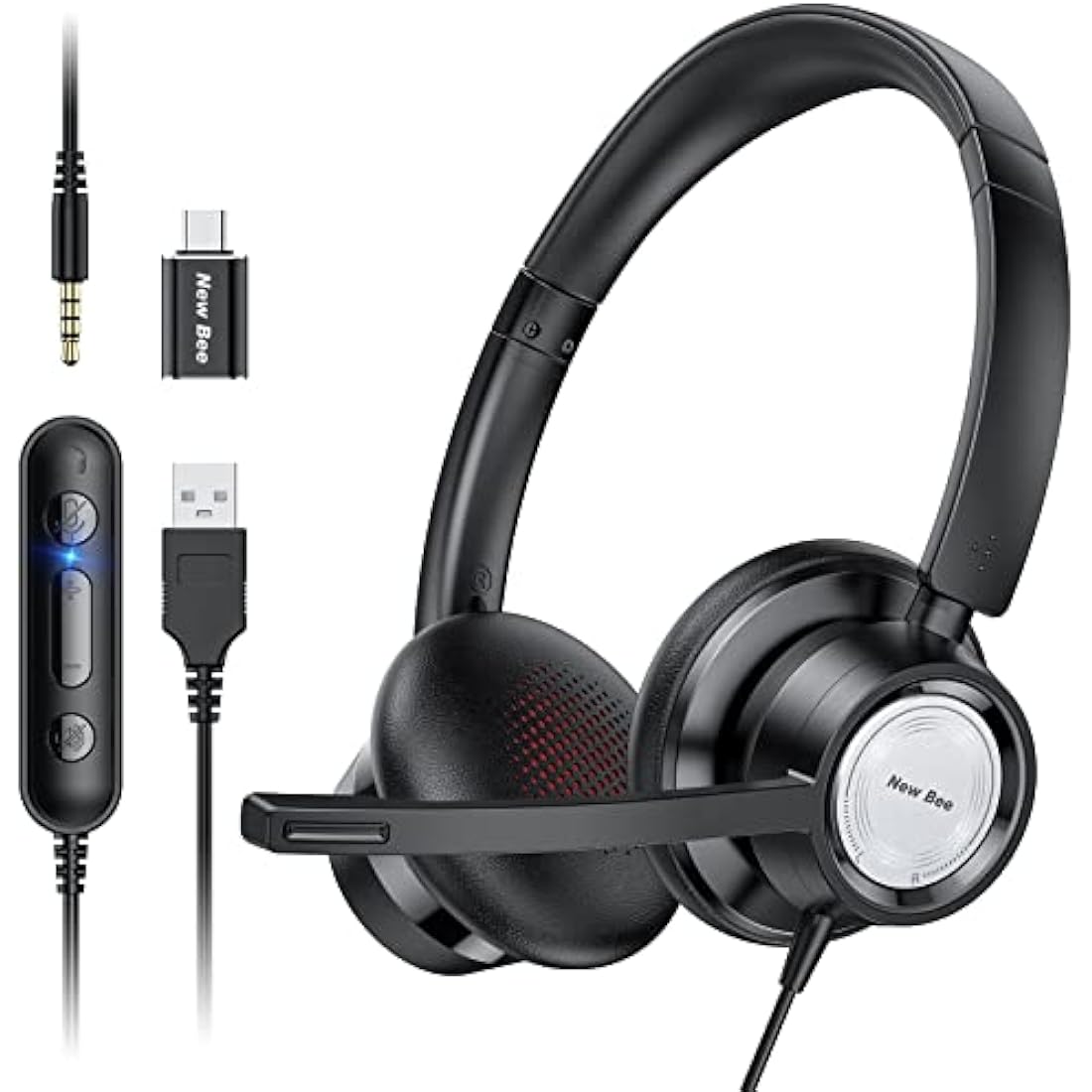New bee USB Headset with Microphone, Headphones with Microphone,PC Headset USB Type-C 3.5 mm for Call Centre/Telephone Conferencing/Skype Chat/Online Courses (black)