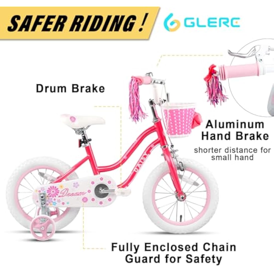 Glerc Daisy 14 Inch Girls Bike for 2-7 Years Kids with Stabilisers Basket Streamers and Bell,Multiple Colors