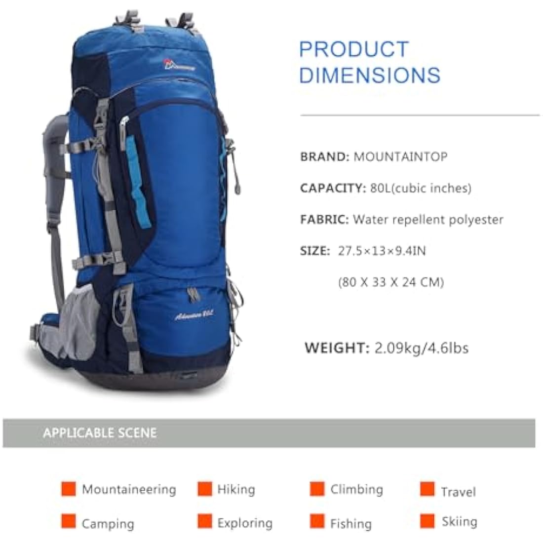 MOUNTAINTOP Hiking Backpack 80L Waterproof Mountaineering Backpack Large Camping Trekking Rucksack Multifunctional Climbing with Rain Cover