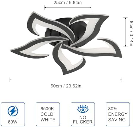 Comely Ceiling Lights Bedroom, LED Ceiling Lights 60W 6750LM, Cool White 6500K, Acrylic Petal Design Mordern Ceiling Lighting for Living Room Bedroom, Black (Dia 60cm)