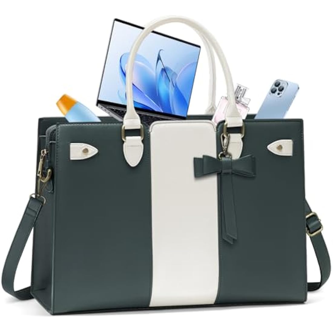 RAINSMORE Laptop Bags for Women PU Leather Work Bags for Women Tote Bag Large Handbag Shoulder Bag for Office Bussiness 15.6 Inch Dark Green and Beige
