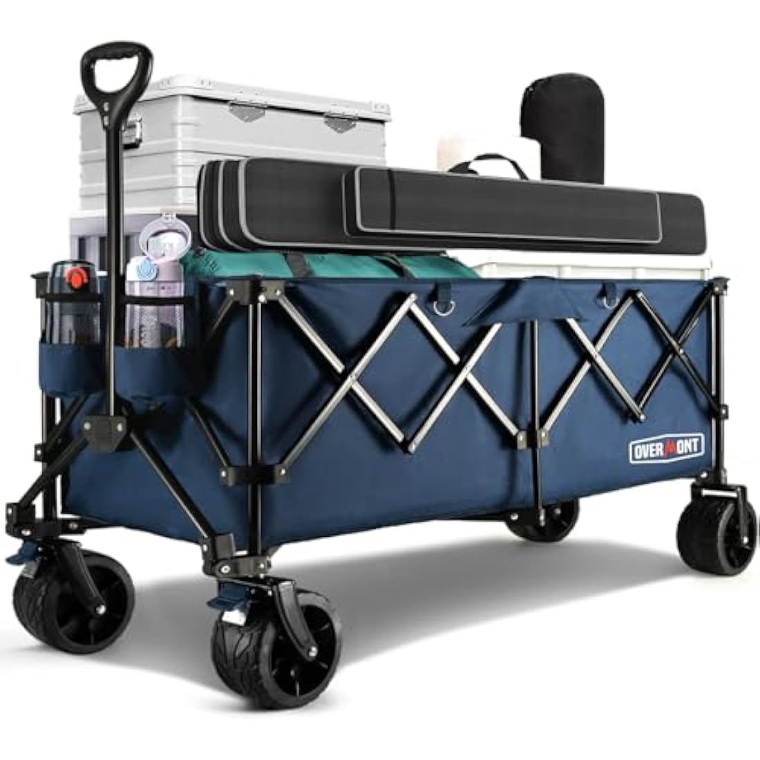 Overmont 300L Extra Large Folding Festival Trolley Cart - All-terrain Wide Wheels and Brake - Heavy Duty Cart Load up 200KG - with Adjustable Handle & Cover Bag - Wagon for Beach Camping Garden blue