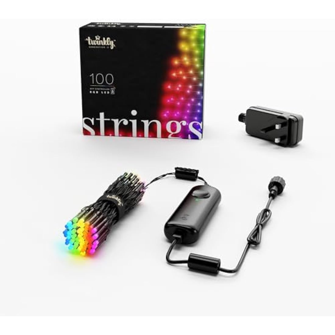 Twinkly Strings 100 LED RGB, LED Light String for in- and Outdoor, Christmas Lights, Smart LED Lights, Mappable LEDs, Compatible with Alexa and Google Home, IP44, Controlled by App, Black Wire, 8m