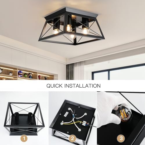FORCOSO 4-Light Ceiling Lights - Black Industrial Ceiling Light E27 Modern Flush Mount Ceiling Lamp LED Metal Vintage Ceiling Light Fixture for Living Room Bedroom Kitchen - NO Bulb