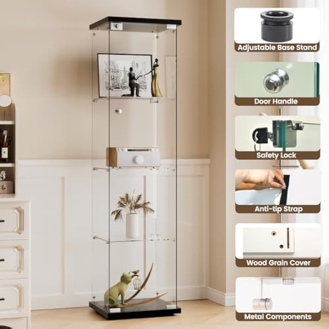 Beauty4U 4-Shelf Glass Display Cabinet, 64" Single Door Showcase Cabinet for Storage Collectables, Simple Quick Installation, Black