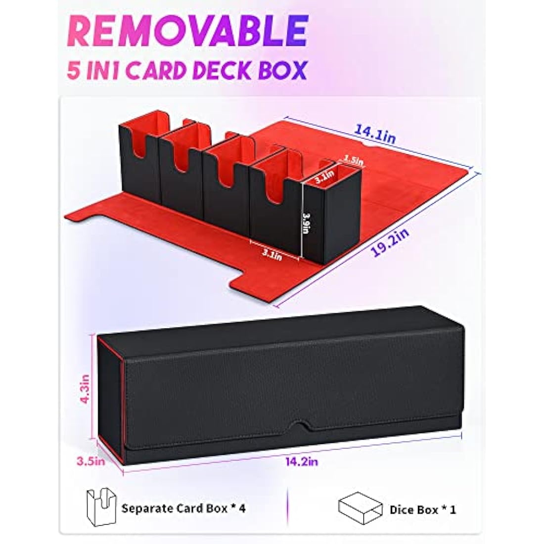 UAONO Card Deck Storage Box with Dice Tray for MTG YugiOh, 5 in 1 Deck Case Set Holds 900+ Sleeved Cards, Strong Magnet Card Organizer Box for Magic Commander TCG CCG Cards (Black&Red)