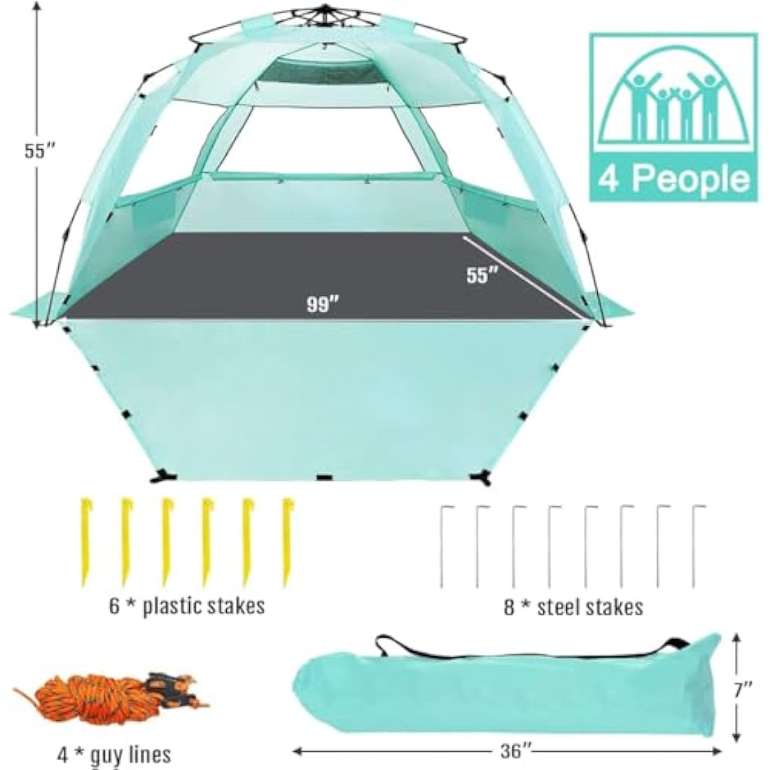 WhiteFang Deluxe XL Pop Up Beach Tent Sun Shade Shelter for 3-4 Person, UV Protection, Extendable Floor with 3 Ventilating Windows Plus Carrying Bag, Stakes, and Guy Lines
