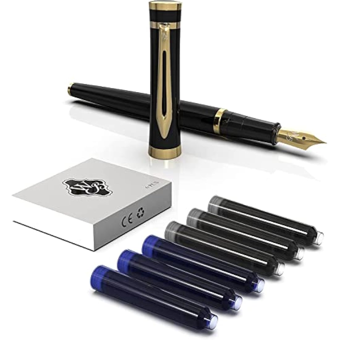 Wordsworth & Black Fountain Pen Set, 18K Gilded Medium and Extra Fine Nibs, 6 Ink Cartridges and Refill Converter, Gift Case, Smooth Writing Pens [Black Gold], Perfect for Men and Women