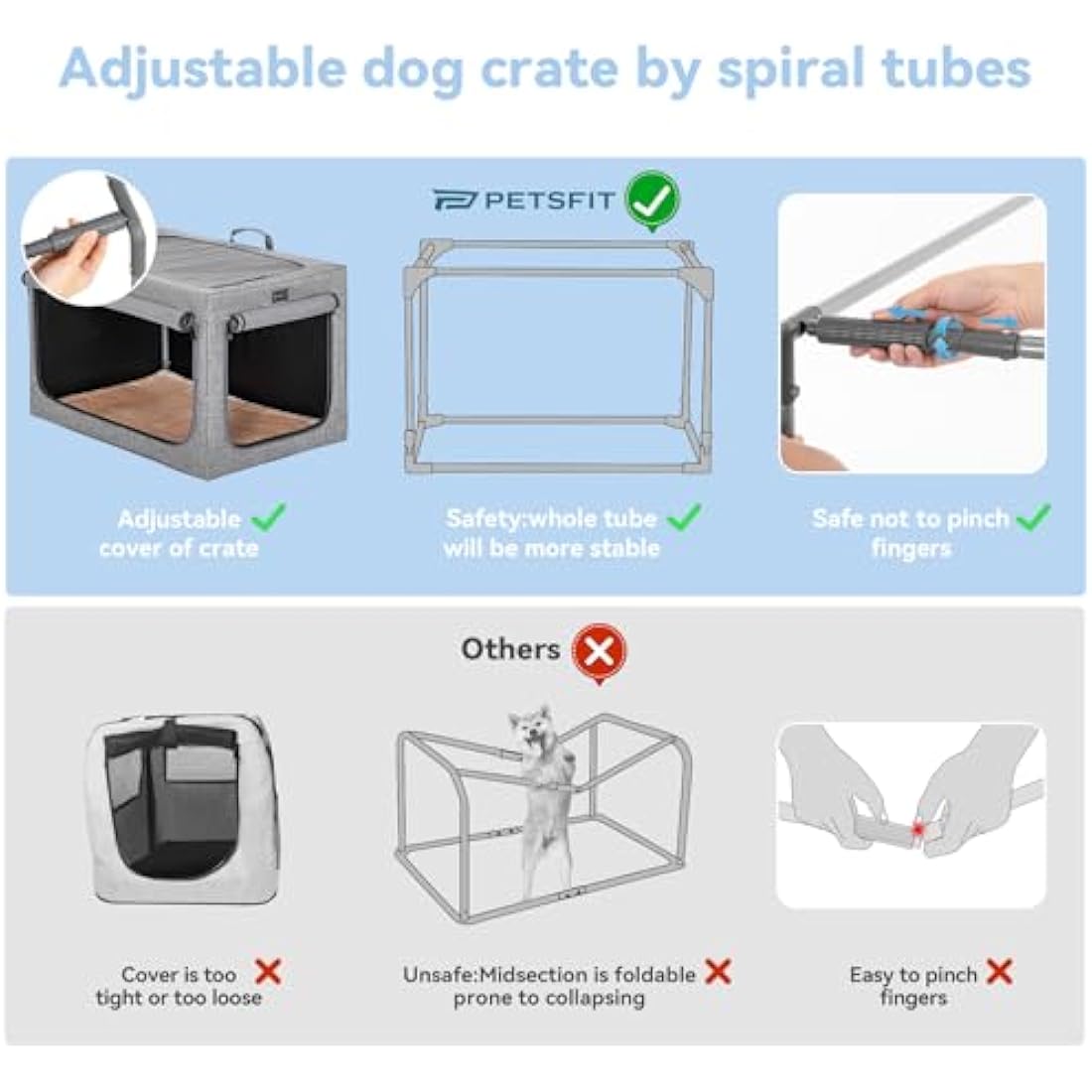 Petsfit Dog Crate, Portable Dog Crate for Small Dogs, Soft Dog Crate with Removable Mat and Pocket for Storage, Grey,S:61cm x 45cm x 43cm