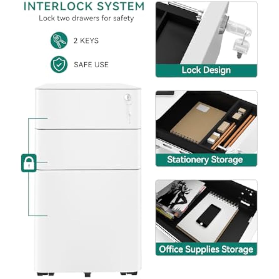 YITAHOME File Cabinet Metal with 3 Lockable Drawers, Mobile Filing Cabinet for Home Office, Under Desk File Office Drawers for Letter/Legal/A4, Fully Assembled, White, 30 x 46 x 59cm