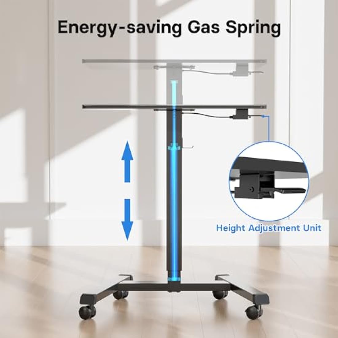 BONTEC 65×45 cm Mobile Standing Desk with 4 Rolling Castors, Height Adjustable Desk on Wheels, Portable Stand Up Desk, Over-Bed Table for Living Room, Bedroom, Medical Use, Ergonomic, Space Saving